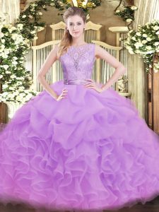 Lace and Ruffles Quinceanera Dress Lilac Backless Sleeveless Floor Length