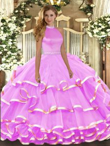 High End Sleeveless Organza Floor Length Backless 15th Birthday Dress in Lilac with Beading and Ruffled Layers