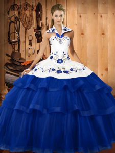 Blue Organza Lace Up Quinceanera Dress Sleeveless Sweep Train Embroidery and Ruffled Layers