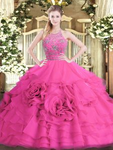 Sleeveless Floor Length Beading and Ruffled Layers Zipper Quinceanera Dress with Hot Pink
