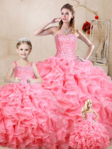 Sleeveless Organza Floor Length Lace Up Quinceanera Dress in Watermelon Red with Beading and Ruffles