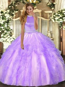 Customized Beading and Ruffles Quince Ball Gowns Lavender Backless Sleeveless Floor Length