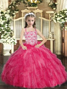 Hot Pink Ball Gowns Organza Straps Sleeveless Beading and Ruffles Floor Length Lace Up Pageant Dresses