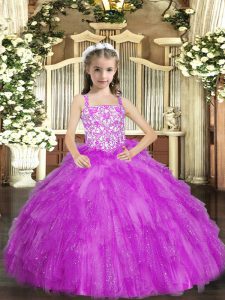 Lilac Organza Lace Up Straps Sleeveless Floor Length Pageant Dress Wholesale Beading and Ruffles