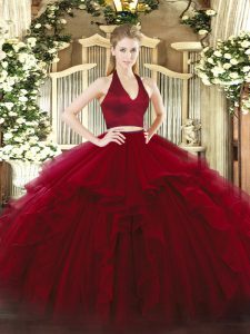 Simple Sleeveless Floor Length Ruffles Zipper Sweet 16 Dresses with Wine Red