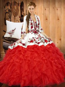 Red Sweetheart Neckline Embroidery and Ruffles Sweet 16 Quinceanera Dress Sleeveless Lace Up
