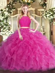 Sexy Hot Pink Sleeveless Tulle Zipper 15th Birthday Dress for Military Ball and Sweet 16 and Quinceanera