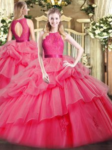 Clearance Scoop Sleeveless Quinceanera Gowns Floor Length Lace and Ruffled Layers Coral Red Organza