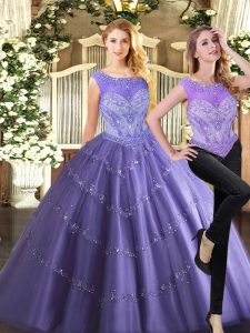 High End Tulle Scoop Sleeveless Zipper Beading 15th Birthday Dress in Lavender