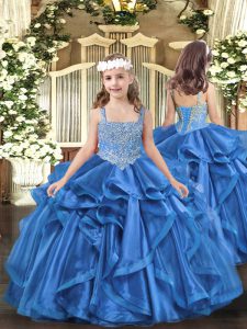 Baby Blue Organza Lace Up Straps Sleeveless Floor Length Pageant Gowns For Girls Beading and Ruffles