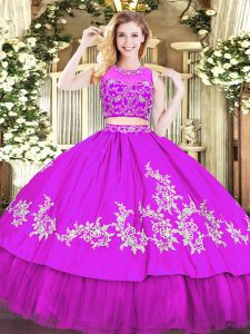 Purple Two Pieces Scoop Sleeveless Tulle Floor Length Zipper Beading and Appliques Ball Gown Prom Dress