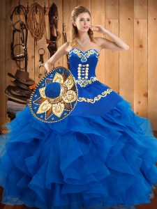 Blue Satin and Organza Lace Up 15th Birthday Dress Sleeveless Floor Length Embroidery and Ruffles
