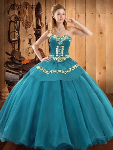 Customized Tulle Sweetheart Sleeveless Lace Up Embroidery Sweet 16 Dresses in Teal