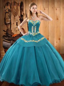 Customized Tulle Sweetheart Sleeveless Lace Up Embroidery Sweet 16 Dresses in Teal