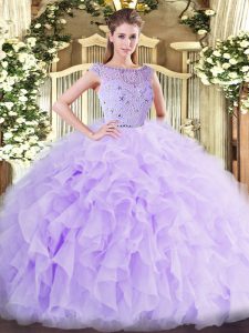 Sleeveless Floor Length Beading and Ruffles Zipper Quinceanera Dress with Lavender