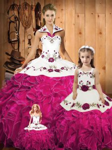 Spectacular Floor Length Fuchsia Quinceanera Gown Halter Top Sleeveless Lace Up