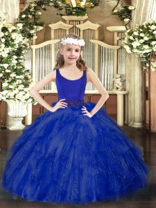 Stylish Tulle Scoop Sleeveless Zipper Beading and Ruffles Little Girls Pageant Dress in Royal Blue