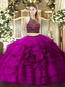 Fitting Fuchsia Zipper Halter Top Beading and Ruffled Layers Quince Ball Gowns Tulle Sleeveless