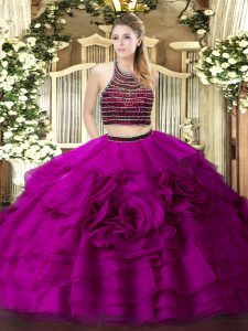 Fitting Fuchsia Zipper Halter Top Beading and Ruffled Layers Quince Ball Gowns Tulle Sleeveless