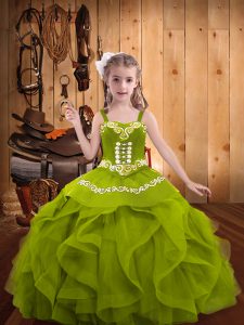 Sleeveless Organza Floor Length Lace Up Girls Pageant Dresses in Olive Green with Embroidery and Ruffles