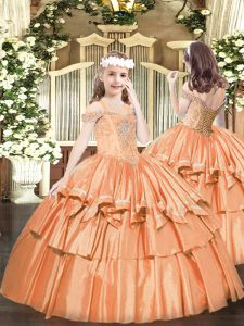 Off The Shoulder Sleeveless Lace Up Child Pageant Dress Orange Organza