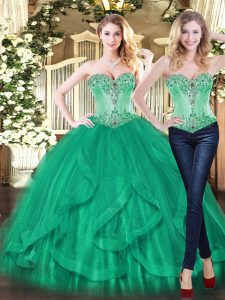 Noble Turquoise Ball Gowns Sweetheart Sleeveless Tulle Floor Length Lace Up Beading and Ruffles Sweet 16 Dress