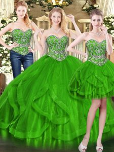 Chic Green Ball Gowns Beading and Ruffles Quinceanera Gown Lace Up Tulle Sleeveless Floor Length