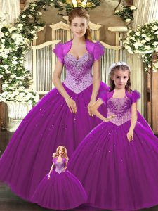 Popular Sleeveless Tulle Floor Length Lace Up Sweet 16 Dress in Fuchsia with Beading
