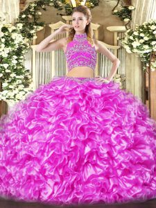 Custom Design Lilac Two Pieces Tulle High-neck Sleeveless Beading and Ruffles Floor Length Backless 15 Quinceanera Dress