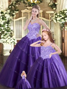 Modest Purple Lace Up Quinceanera Dress Beading Sleeveless Floor Length