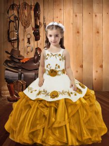 Gold Little Girls Pageant Dress Wholesale Sweet 16 and Quinceanera with Embroidery and Ruffles Straps Sleeveless Zipper