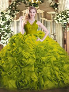 Fine Fabric With Rolling Flowers V-neck Sleeveless Zipper Ruffles Ball Gown Prom Dress in Olive Green