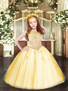 Beauteous Gold Sleeveless Floor Length Beading and Appliques Zipper Pageant Gowns For Girls