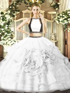 Halter Top Sleeveless Quinceanera Dresses Floor Length Ruffled Layers White Tulle