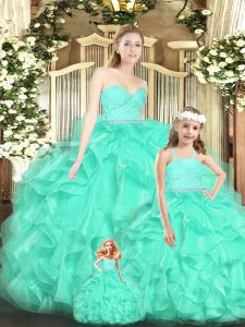 Inexpensive Sweetheart Sleeveless Vestidos de Quinceanera Floor Length Lace and Ruffles Apple Green Organza