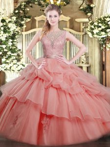 Tulle Sleeveless Floor Length Quinceanera Gown and Beading and Ruffled Layers