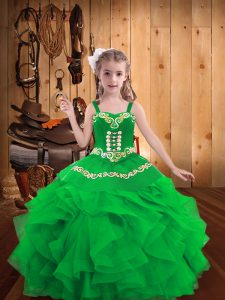 Green Lace Up Pageant Dress for Womens Embroidery and Ruffles Sleeveless Floor Length