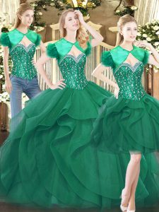 Fitting Dark Green Tulle Lace Up Sweetheart Sleeveless Floor Length Ball Gown Prom Dress Beading and Ruffles