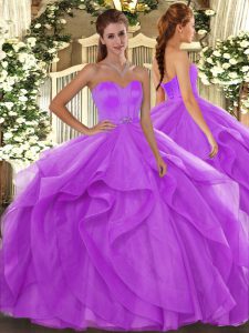 High Quality Floor Length Lilac Quinceanera Gowns Tulle Sleeveless Beading and Ruffles