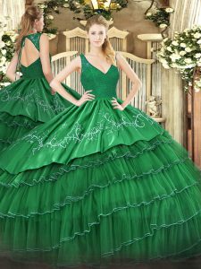 V-neck Sleeveless Backless 15 Quinceanera Dress Dark Green Organza and Taffeta