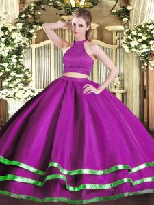 Tulle Sleeveless Floor Length Ball Gown Prom Dress and Beading