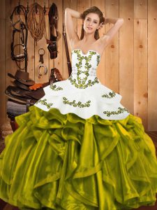 Nice Olive Green Satin and Organza Lace Up Vestidos de Quinceanera Sleeveless Floor Length Embroidery and Ruffles