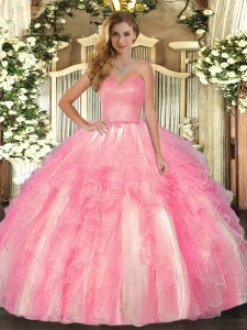 Sweetheart Sleeveless Quinceanera Dresses Floor Length Ruffles Rose Pink Organza
