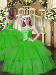 Green Lace Up Straps Beading and Ruffled Layers Little Girls Pageant Gowns Organza Sleeveless