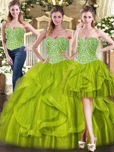 Noble Olive Green Quinceanera Dresses Military Ball and Sweet 16 and Quinceanera with Beading and Ruffles Sweetheart Sleeveless Lace Up