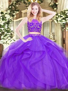 Lavender Tulle Zipper Scoop Sleeveless Floor Length Sweet 16 Dress Beading and Ruffles