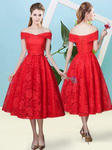 Red Cap Sleeves Lace Lace Up Dama Dress for Prom and Party and Wedding Party