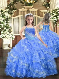 Hot Sale Baby Blue Sleeveless Floor Length Beading and Ruffled Layers Lace Up Pageant Dress for Womens