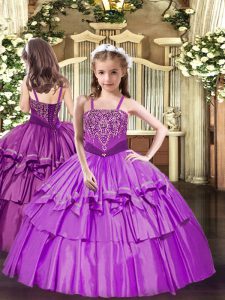 Floor Length Lace Up Pageant Dress Womens Lilac for Party and Quinceanera with Beading and Ruffled Layers