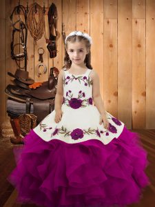 Dramatic Straps Sleeveless Little Girls Pageant Gowns Floor Length Embroidery and Ruffles Purple Tulle
